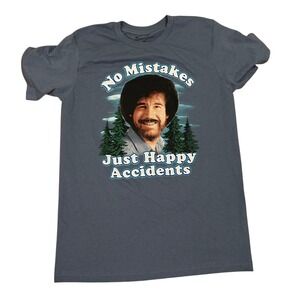 Bob Ross T-shirt No Mistakes Just‎ Happy Accidents front hit slate blue size m